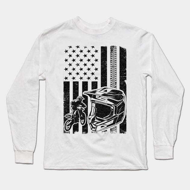 Motocross US Flag America Dirt Bike 4th Of July Funny Motocross Long Sleeve T-Shirt by Kuehni